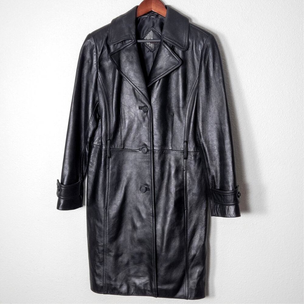 Tibor Leathers Trench Coat Size M Black Mobwife Glam Edgy Noir Old Money
